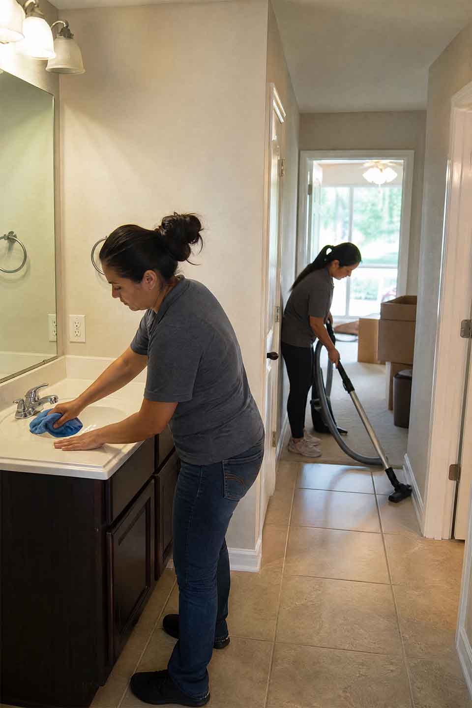 Professional Cleaners Providing Move-Out Cleaning In A Universal City Home Professional Cleaners Providing Move-Out Cleaning In A Universal City Home